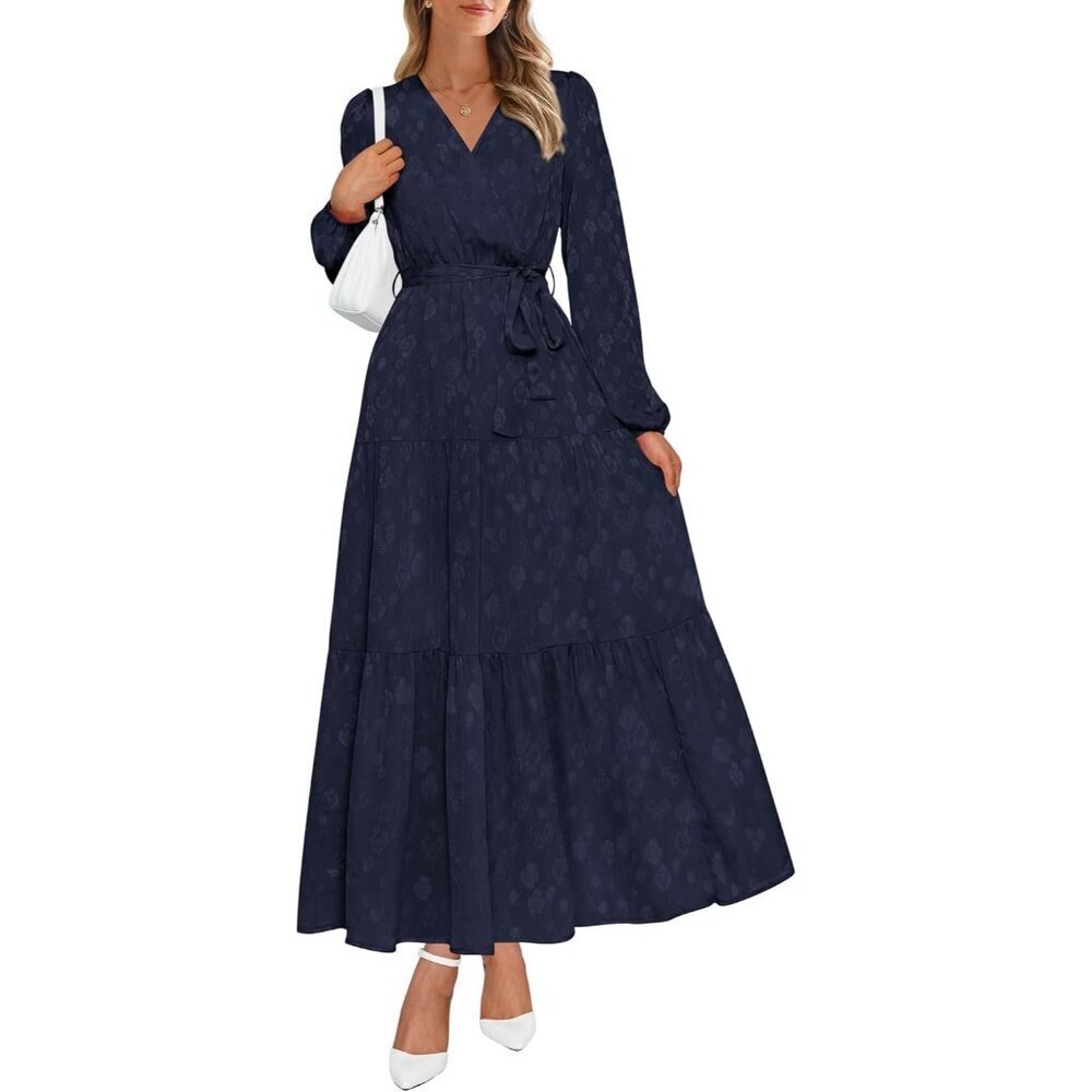 PrettyGarden Women Navy Polyester V Neck Long Sleeve Floral Maxi Dress